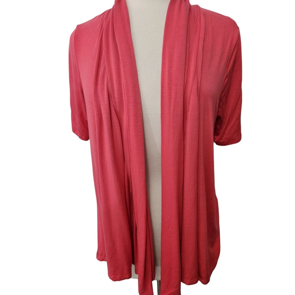 ING + Women's Open Front Drape Neck Top 1X CORAL Pink stretchy Short Sleeve